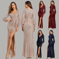 2022 spring and summer fantasy celebrity party party quality long sexy high slit long sleeve sequined banquet evening dress wome