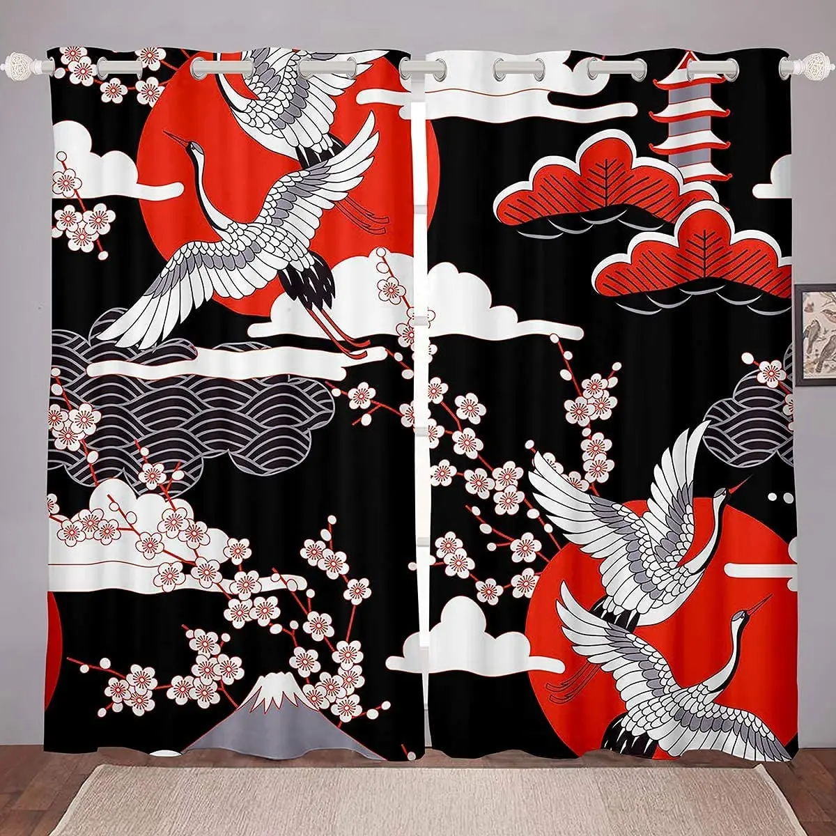 

3D Japanese Style Window Treatments Chinese Red-crowned Crane Window Curtains for Bedroom Living Room Home Decor Hooks