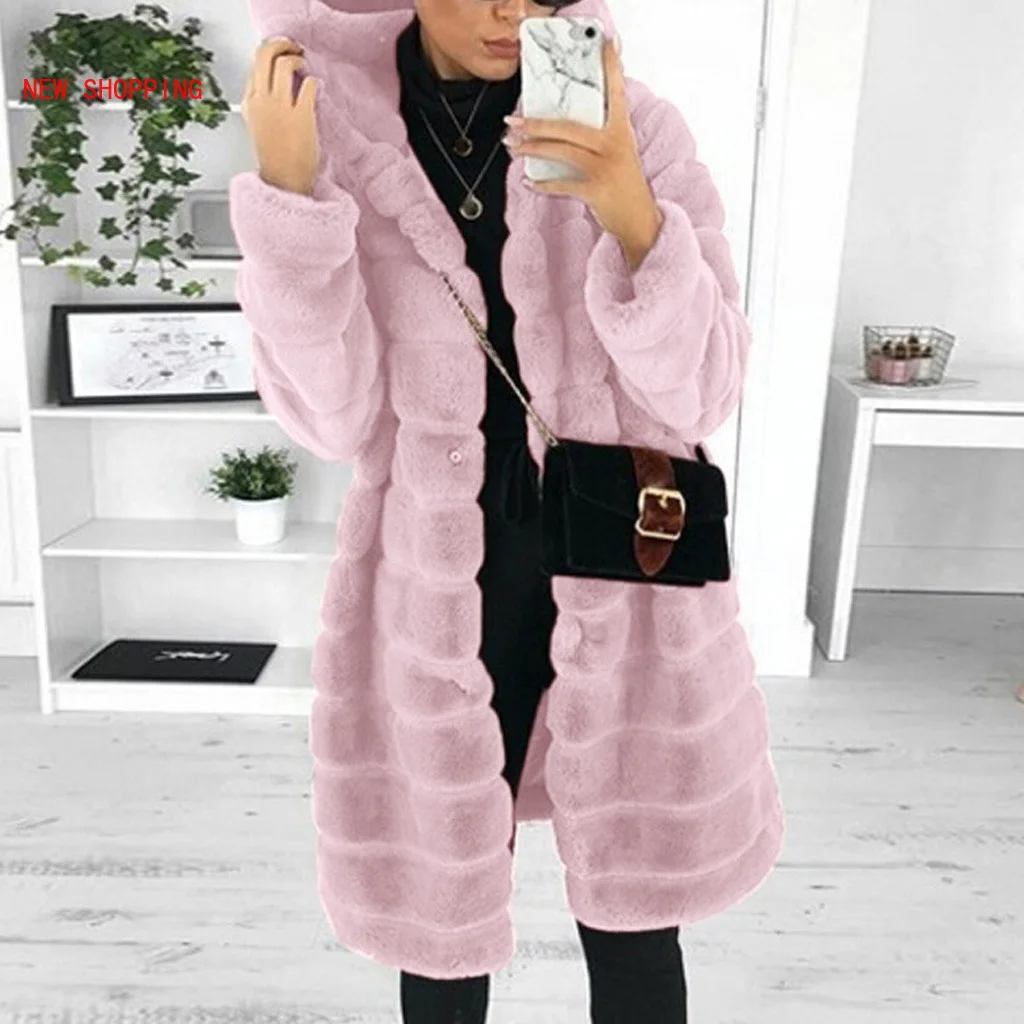 2022 Winter Lady Casual Solid Teddy Coat Women Long Sleeve Fleece Long Jacket Hooded Lamb Fur Coat Women Warm Outerwear Fourrure
