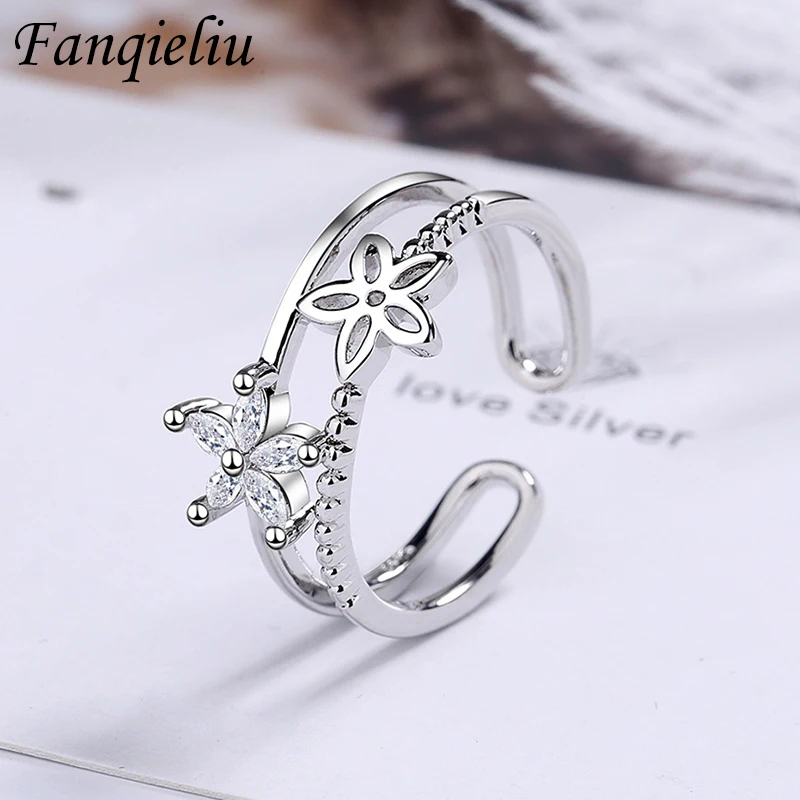 

Fanqieliu S925 Stamp New Woman's Ring Luxury Opening Crystal Flower Vintage Double Layers Finger Jewelry Gift For Girl FQL20456