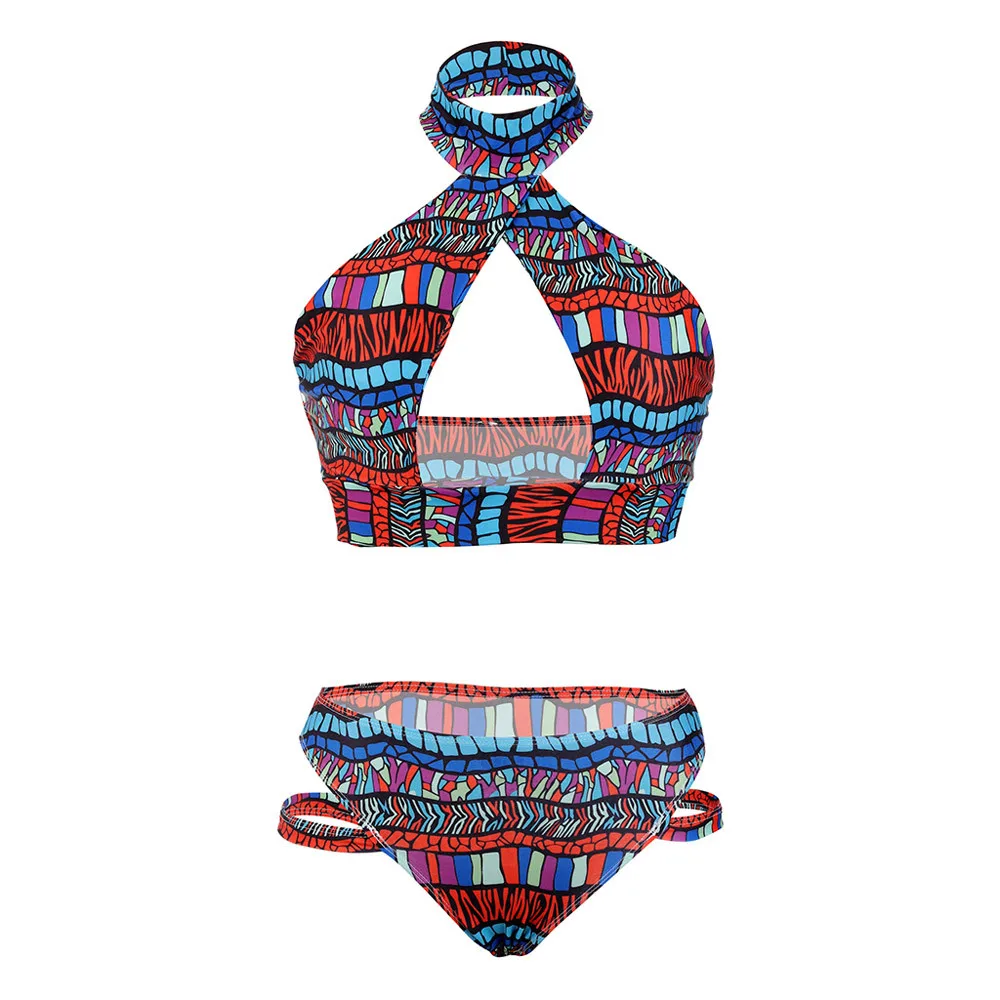 Сексуальный женский комплект бикини с цветным принтом бюстгальтер пуш-ап