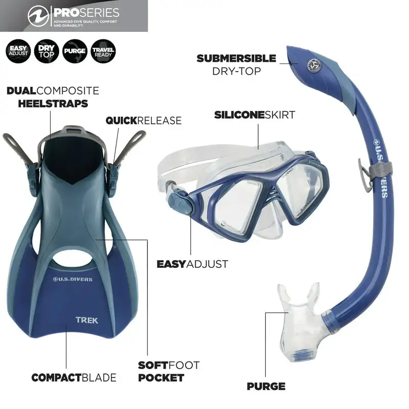 

Snorkeling Diving Kit Set, 2-Window Mask, Dry-Top Snorkel, Compact Fins, Blue, Medium