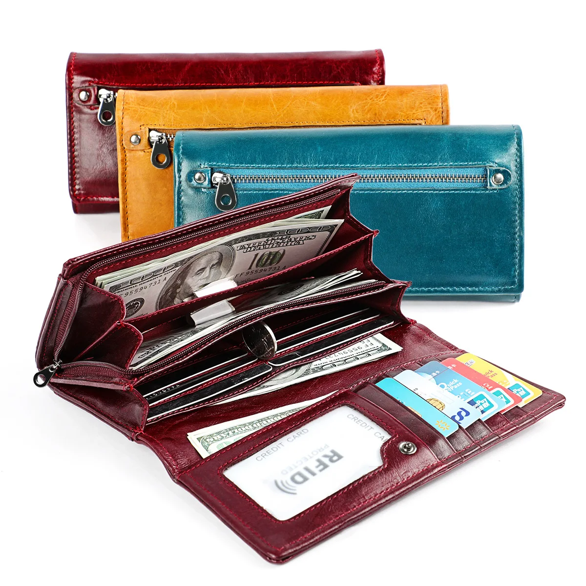 Genuine Leather Women Long Purse Female Clutches Money Wallets Brand Design Handbag for Cell Phone RFID Card Holder Wallet Retro