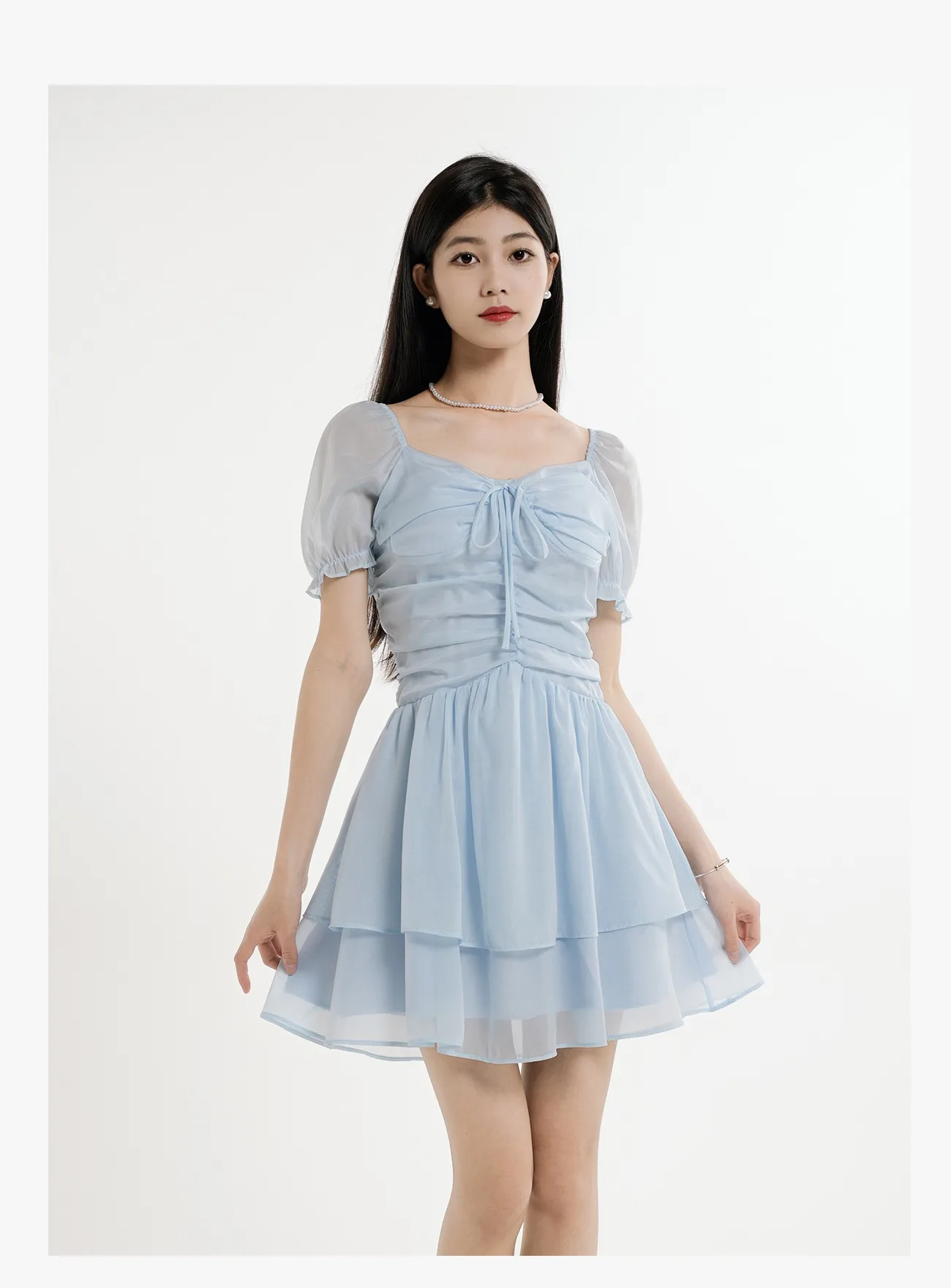 

Summer French Chiffon Dress For Women Baby Blue Elegant Party Midi Dress Female Casual Square Collar Puff Sleeve Dress