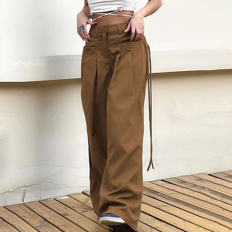 

Streetwear Retro Green Low Waist Cargo Trousers Baggy Solid Pockets Casual Wide Leg Pants Drawstring Solid Sweatpants