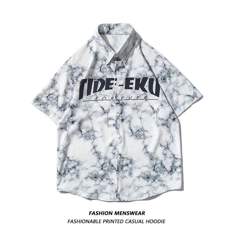 

Oversize 2022 Summer New Marbled Printed Male and Female Student Shirts Couples Casual Joker Button