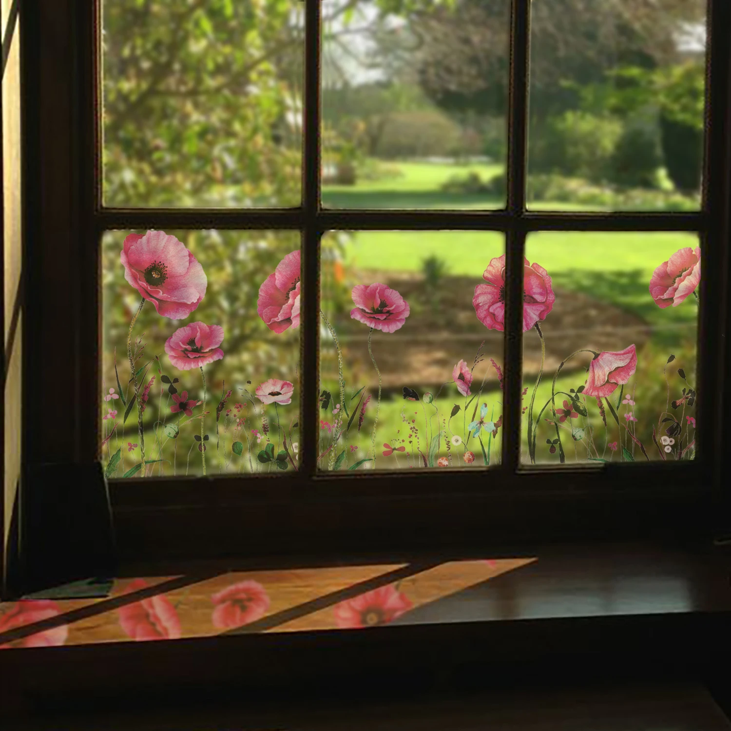 

Kizcozy Watercolor Vintage Pink Poppy Window Border Double-sided DIY Decorative Window Films for Living Room Glass