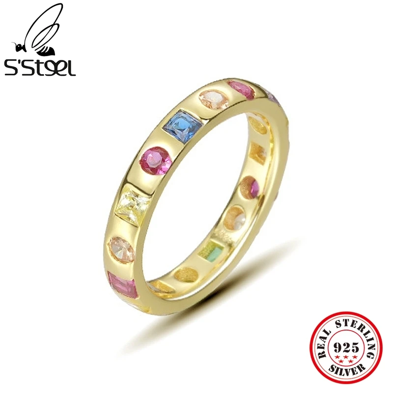 

S'STEEL Iridescent Zircon Ring 925 Sterling Silver Women's Gold Fine Jewelry For Girls Free Shipping Accessories Bijouterie