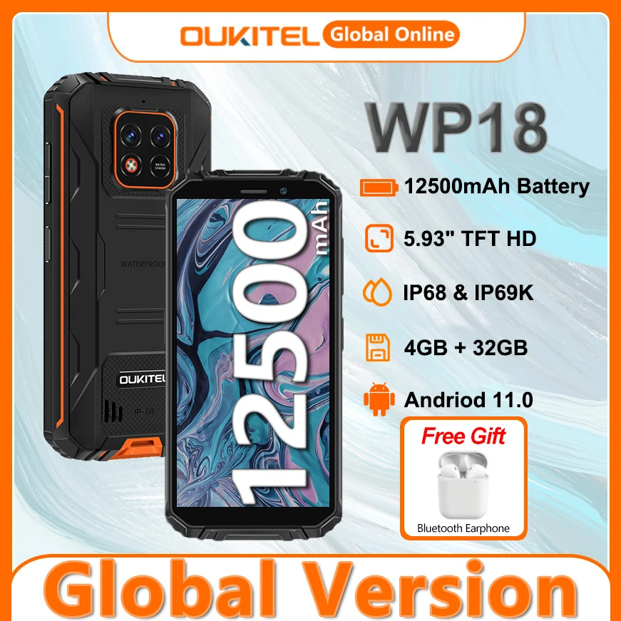 

OUKITEL WP18 12500mAh Battery Rugged Smartphone 4GB+32GB 5.93"HD Quad-Core Helio A22 Cell Phone Android 11 Mobile Phone