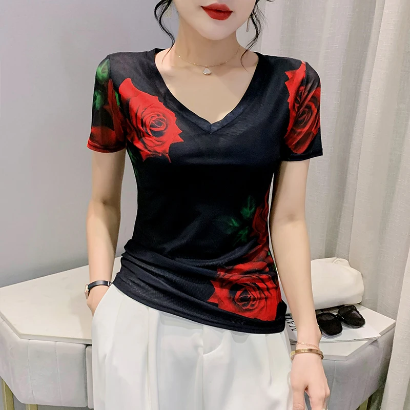

Summer Fashion Gauze Printing Positioning Flower Short Sleeve V-neck Slim Shirt Fashion Tight T-shirt Woman Top korea Tees 2023