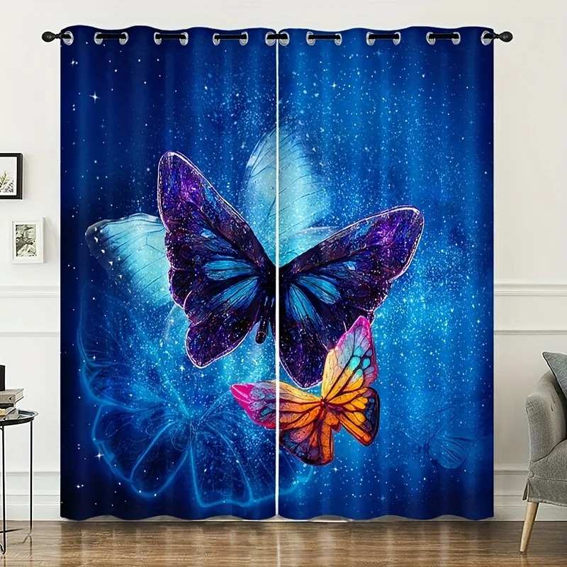 

2pcs Retro Animal Colorful Butterfly Cloth Fiber Curtain Fashion Print Iron Buckle Multifunctional Curtains Suitable For Bedroom