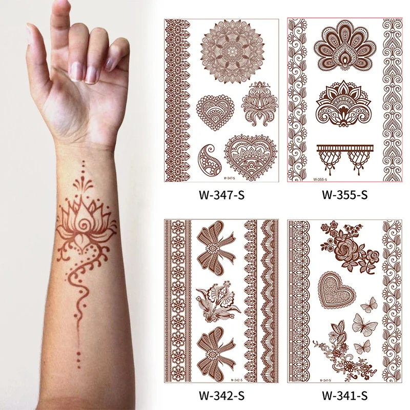 

Коричневые искусственные Временные татуировки, стикеры для искусственных наклеек для рук, шеи, тела, пера, флора, хна, татуировки, водонепроницаемые