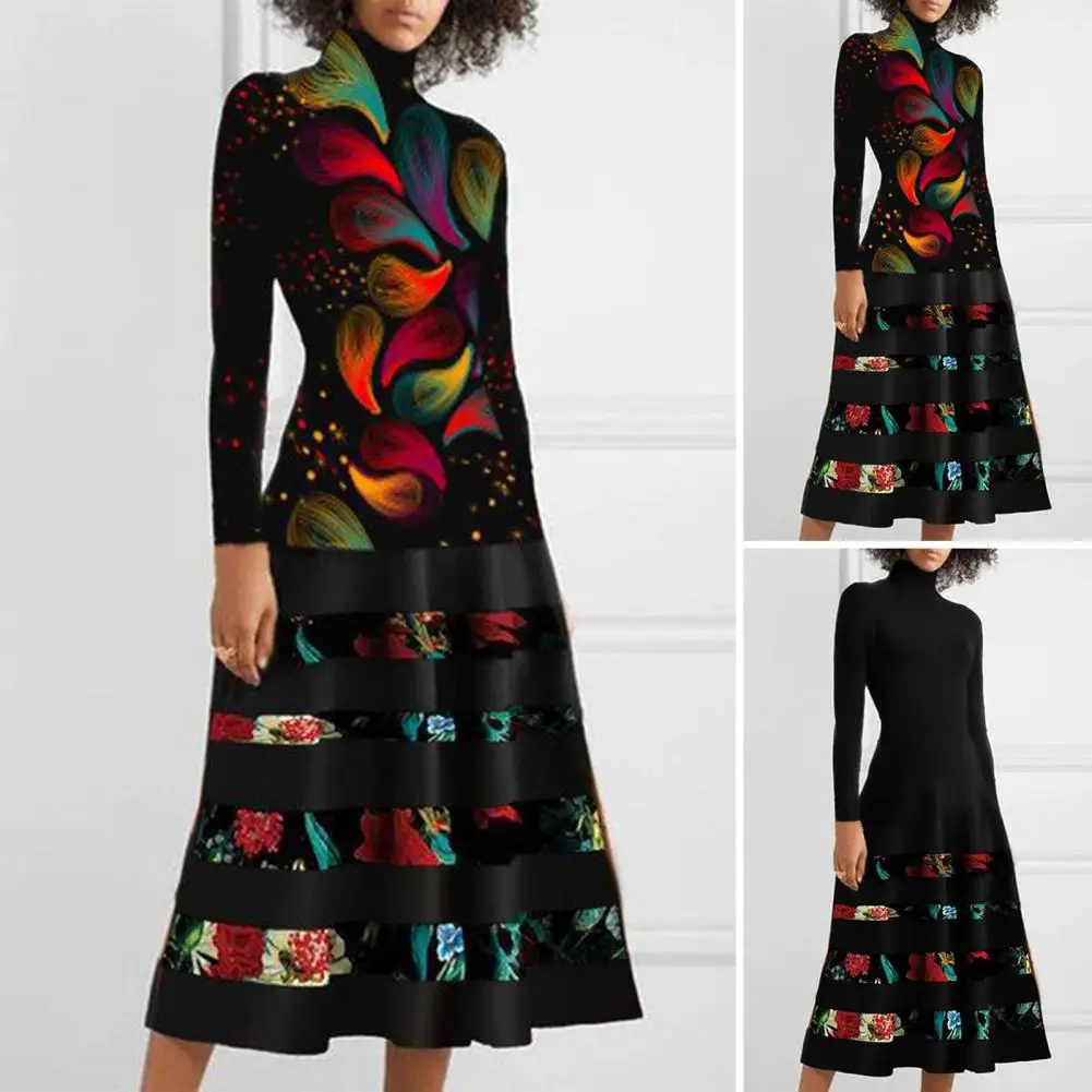 

Женское платье-трапеция с высоким воротником и длинным рукавом, модные сексуальные женские платья-Макси со складками и принтом, элегантное вечернее платье для осени и зимы