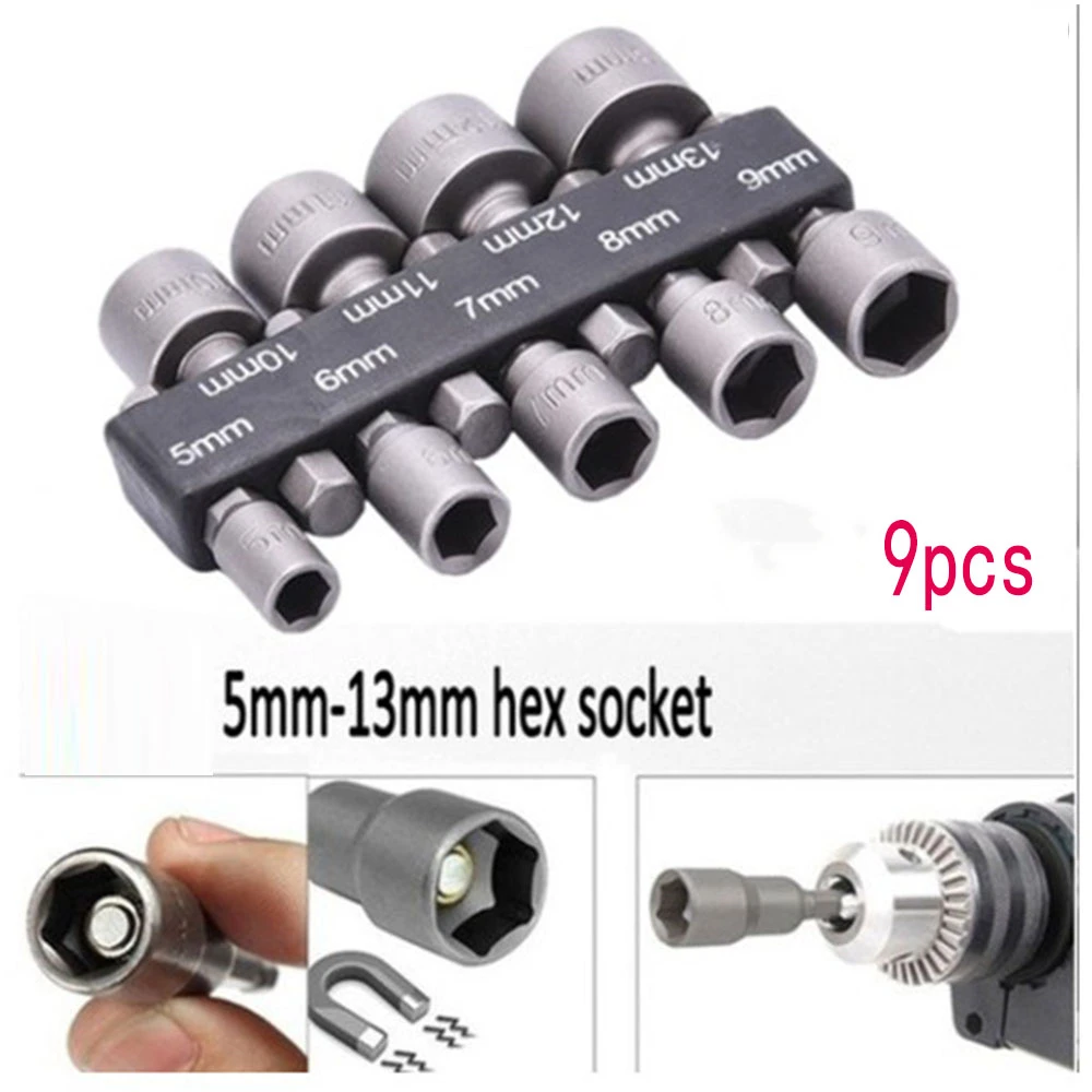 

9Pcs Power Nut Driver Hex Shank Drill Bit Adapter Socket Wrench Screw Tool 5mm-13mm Magnetic Adapter Shank Screw Drill