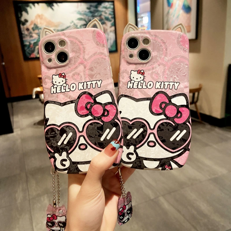 

Cartoon Hello Kitty Cat Ears Sunglasses Phone Case for iPhone 13 12 11 Pro Max XR XS Max 8 plus All-Inclusive Women Phone Cover