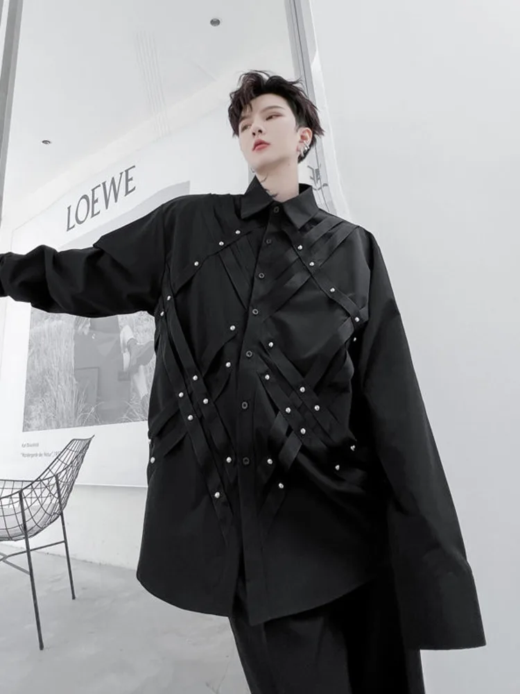 

SYUHGFA 2022 Autumn Turn Down Collar Straps With Rivet Long Sleeve Shirt For Men Loose Casual Style Shirts Men Clothing