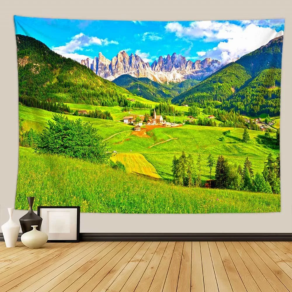 

Green Forest Grassland Tapestry Cloud Sky Grassy Meadow Mountains Scenery Tapestries Bedroom Living Room Dorm Decor Wall Hanging