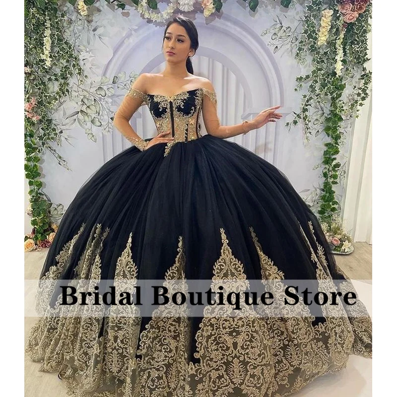 

Black Princeass Off-Shoulder Quinceanera Dresses 2023 Fashion Gold Applique Tulle Sweet 16 Masquerade Birthday Party Gowns