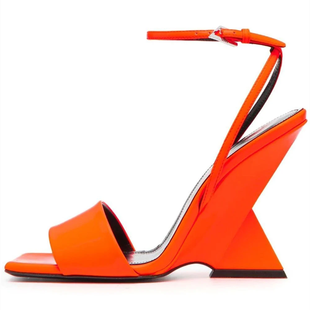 Women New Strange Style Thick High Heels Buckle Strap Sandals Open-Toes Silks Satins One Word Belt  Ankle Strap Square Toe Shoes