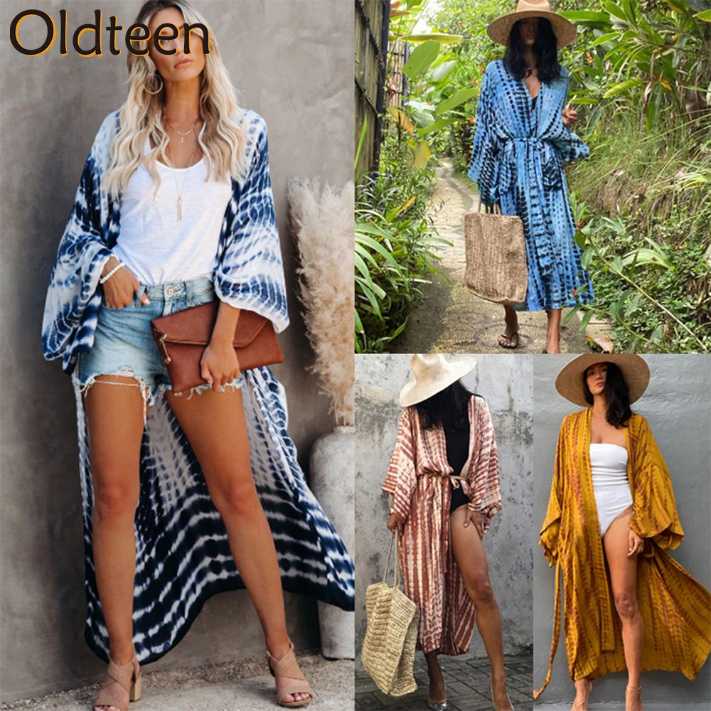 

2022 Fashion Long White Kimono Bikini Cover-ups Boho Print Wrap Dress Women Summer Clothes Beach Wear Swim Suit Cover Up Sarongs