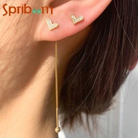 2pcs love heart stud earrings for women korean long ear line rhinestones hearts piercing earring girl sweet jewelry asymmetrical