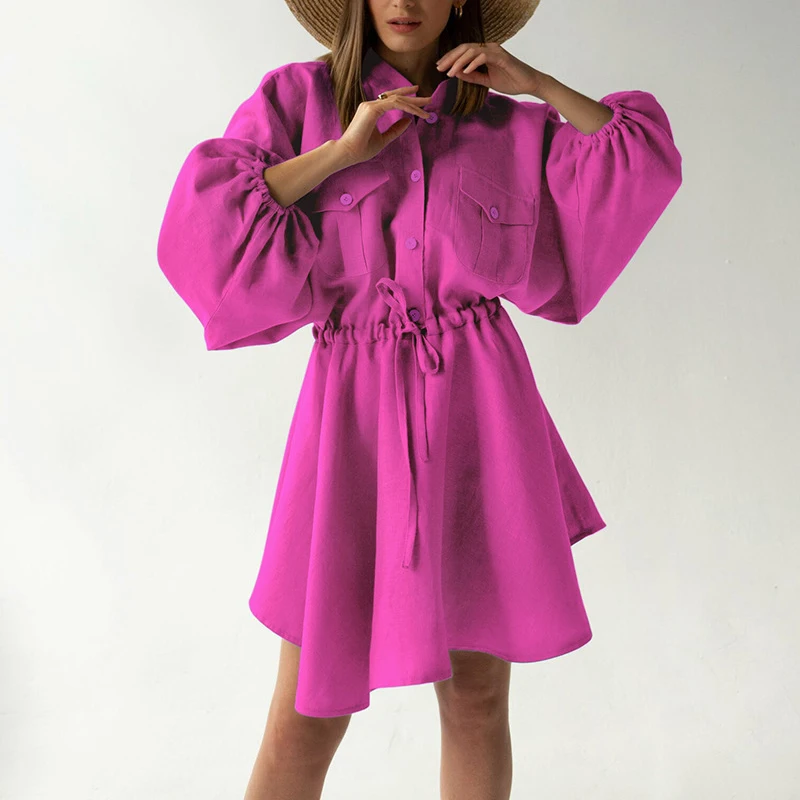 

Осеннее однобортное платье-трапеция с воротником-стойкой, модное однотонное мини-платье на шнуровке, модное женское платье-рубашка из хлоп...