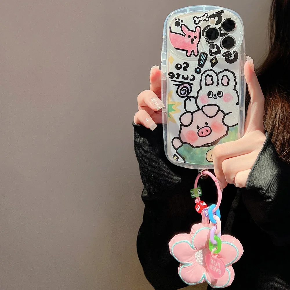 

Cute 3D Down Jacket Flower Keychain Cartoon Animal Transparent Case For iPhone 14 13 12 11 Pro Max Plus Shockproof Cover