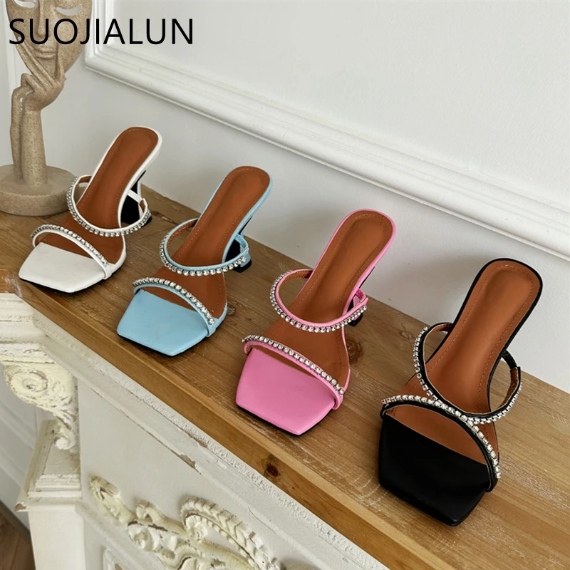 

SUOJIALUN 2023 Summer New Brand Women Slipper Fashion Crystal Narrow Band Ladies Elegant Sandal Thin High Heel Slides Shoes