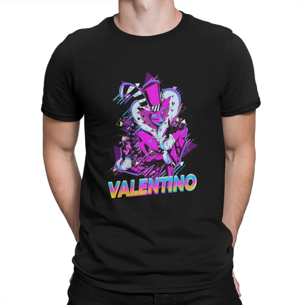 

Hazbin Hotels Newest TShirt for Men Valentino Round Collar Pure Cotton T Shirt Personalize Birthday Gifts Streetwear