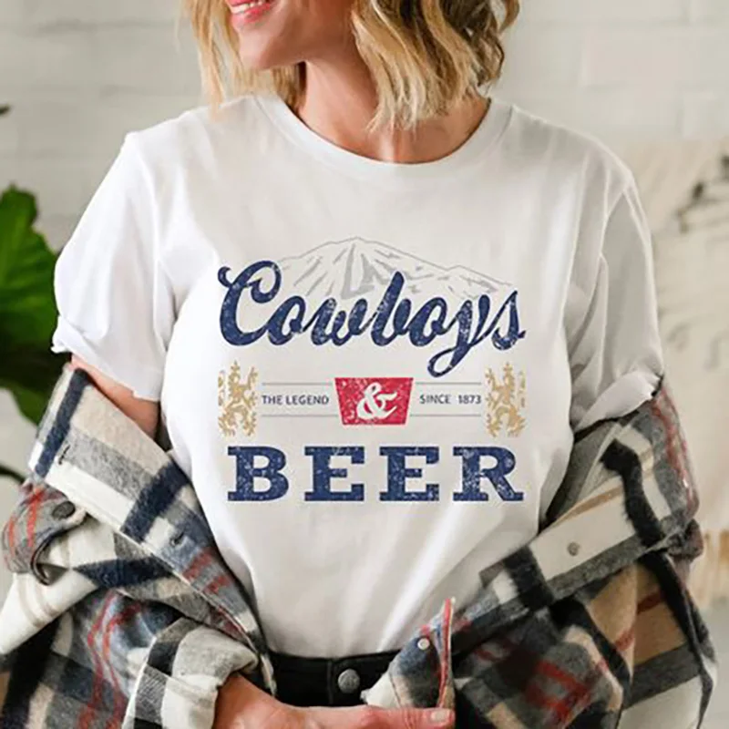 

Футболка Cowboys с графическим изображением пива, Женская забавная хлопковая Футболка Cowgirl Rodeo, свободная Винтажная футболка в западном стиле, для музыки, топ в стиле хиппи и бохо