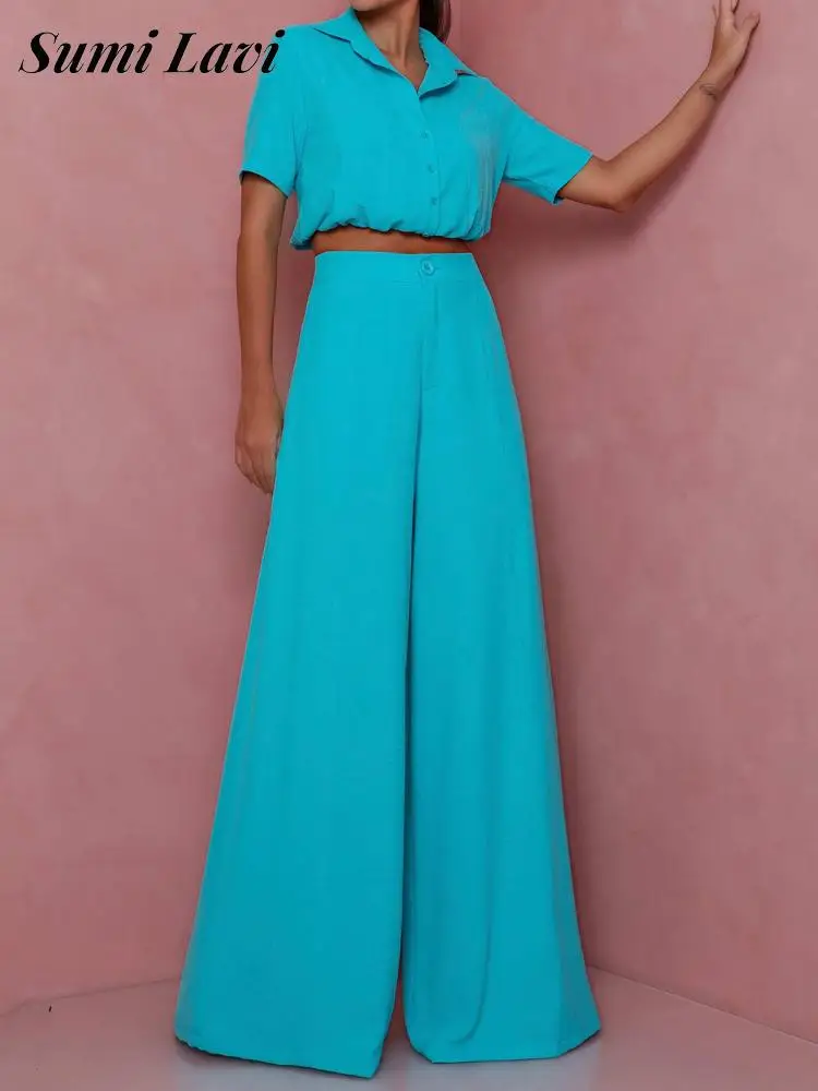 

2022 Women Fashion Solid Trousers Two Piece Set Summer Lapel Short Sleeve Shirt Suits Casual Chiffon Loose Wide Leg Pant Outfits
