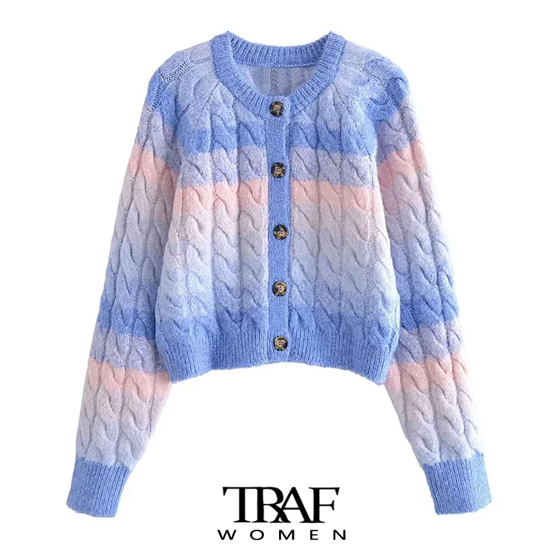 

TRAF Women Fashion With Ribbed Trims Cable-knit Cardigan Sweater Vintage O Neck Long Sleeve Female Outerwear Chic Tops