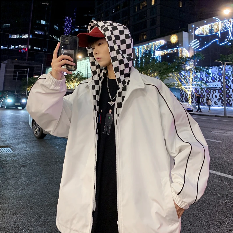 Men's Casual Jacket Spring and Autumn Vacation Fake Two Clothes, Hong Kong Wind Hooded Jacket Plaid Coat