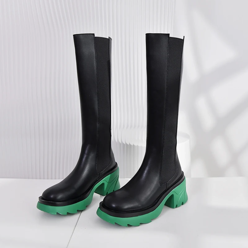 New Women High Heels Knee High Chelsea Boots 2022 Winter Fashion Zip Wedges Snow  Leather Shoes Chunky Goth Motorcycle Botas