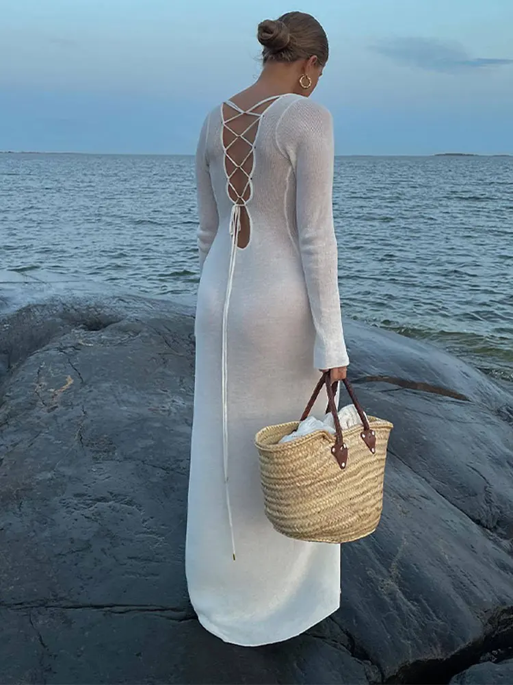 

Sexy Backless See Through Maxi Dress Women Chic Elegant Long Sleeves Lace Up Beach Dresses 2023 Autumn Fashion Mesh Robe Vestido