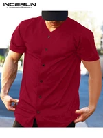 american style handsome mens solid color blouse incerun tops 2022 simple casual male collarless sports short sleeve shirt s 5xl