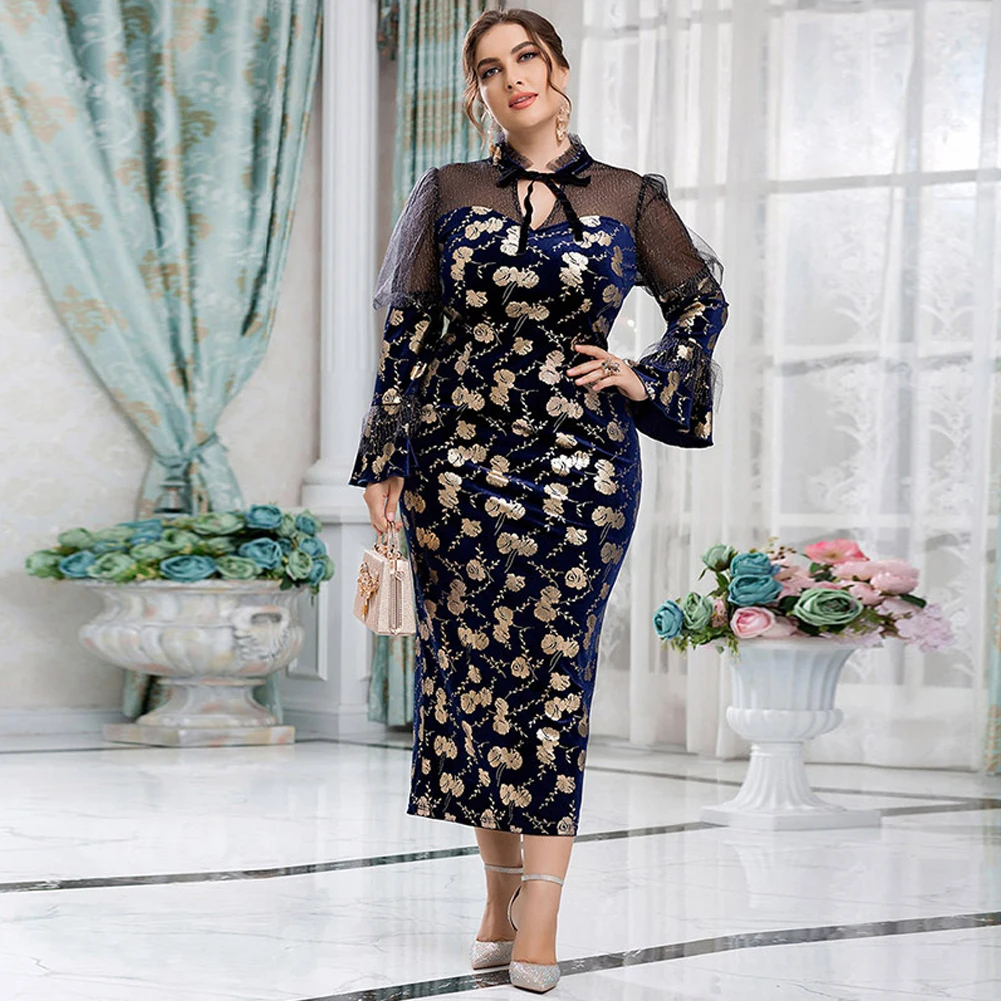 

2022NEW Fashion Women Plus Size Spring Autumn Elegant Long Dress Vintage Butterfly Collar Party Dance Party Holiday Dress L-4XL