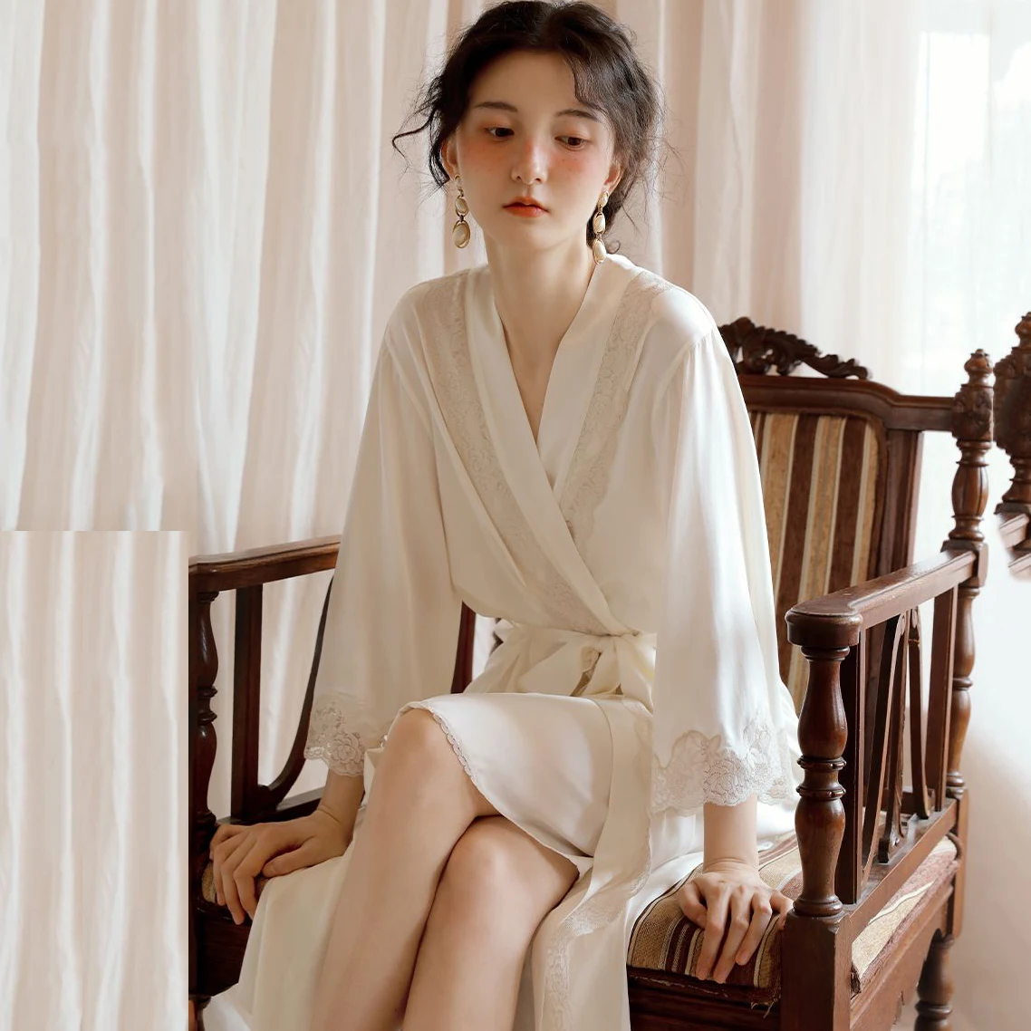 2Pcs Womens Nightdress Satin Lace Nightgowns Sexy Wedding Robe Strap Nightwear Spring Autumn Home Dressing Gown for Women Pajama