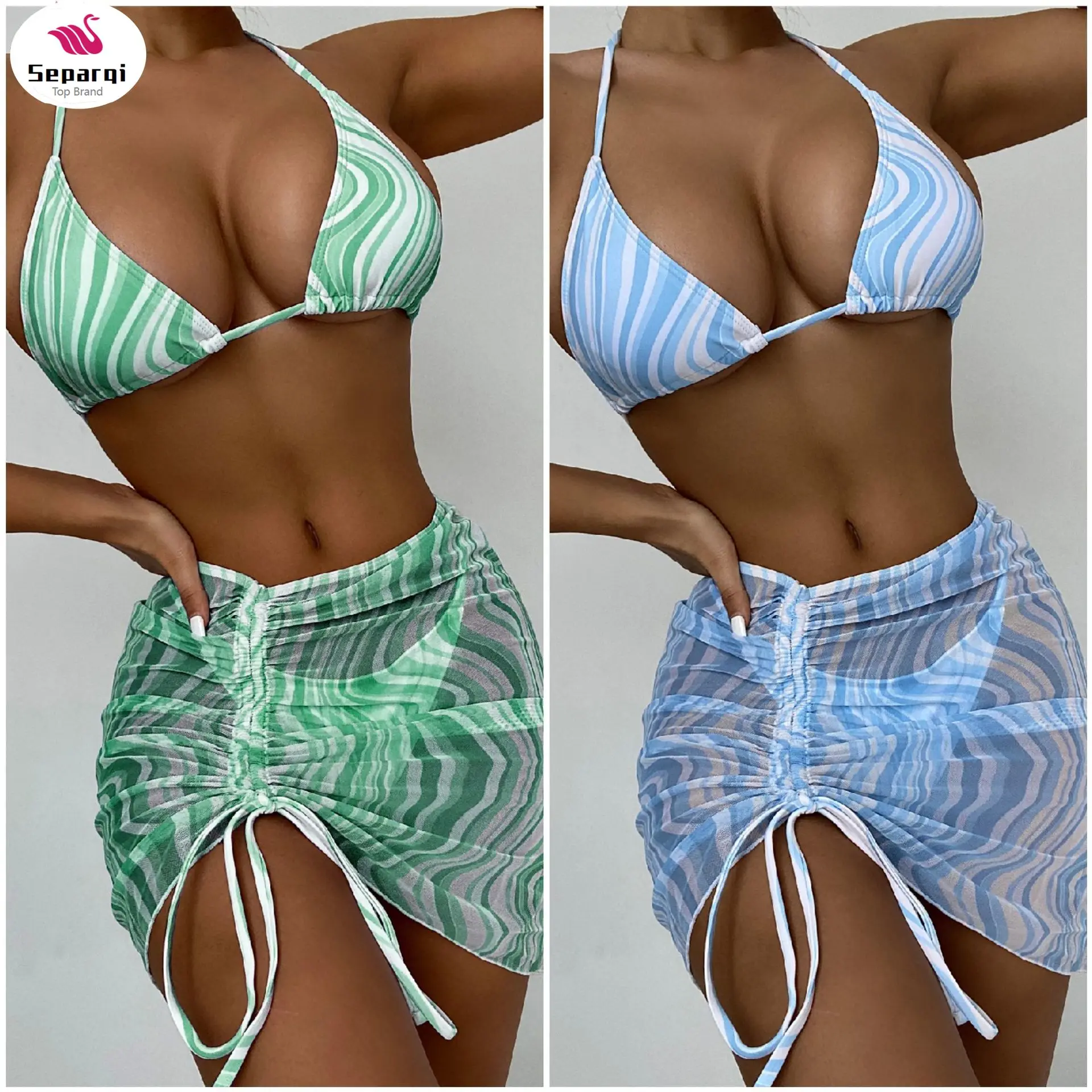 

Купальник-бикини женский треугольный с лямкой на шее и юбкой