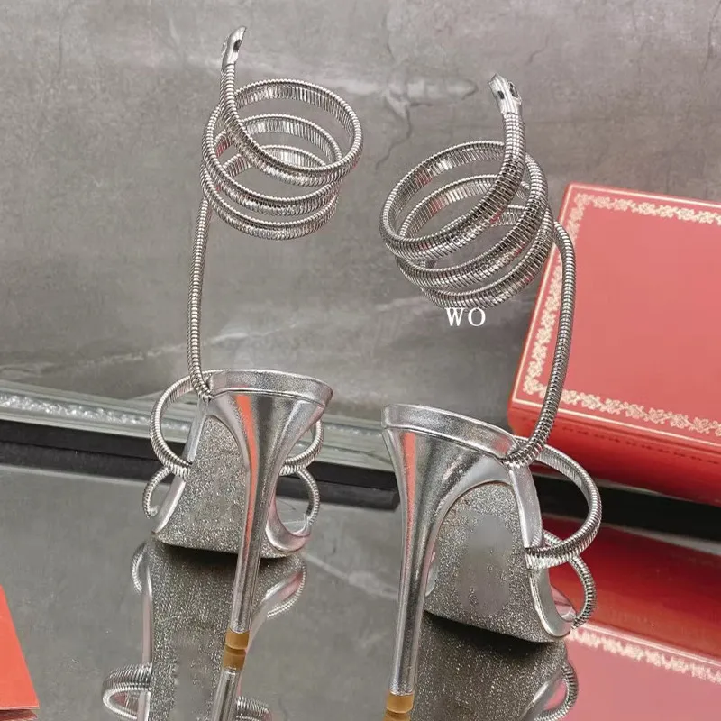 Сандалии женские на высоком каблуке пикантные босоножки со змеиным плетением