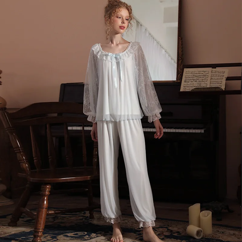 Women's Elegant Temperament Lace Gauze Splicing Round Neck Pajama Sets Modal Comfort Sleepwear Pajamas
