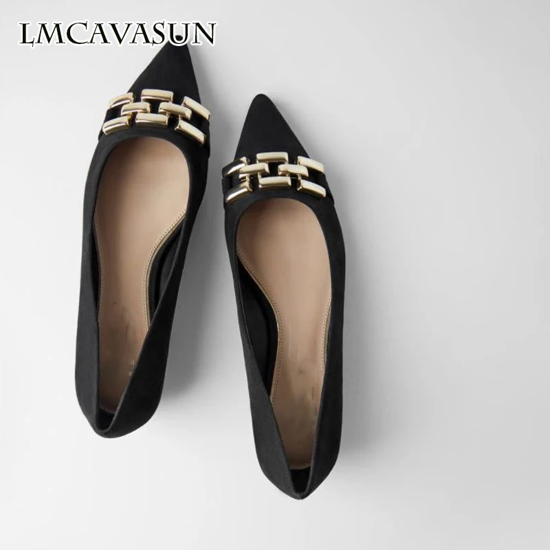 

Женские осенние туфли LMCAVASUN для отдыха с металлической пряжкой, женские туфли на плоской подошве с острым носком, женские балетные туфли