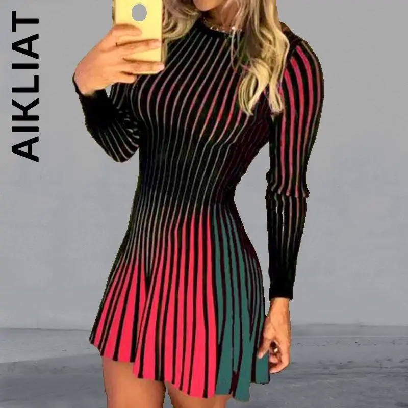

Aikliat New Women Dress Striped Print Slim Fit Mini Dress Temperament Streetwear Slim Chic Vestidos Female Women Clothing