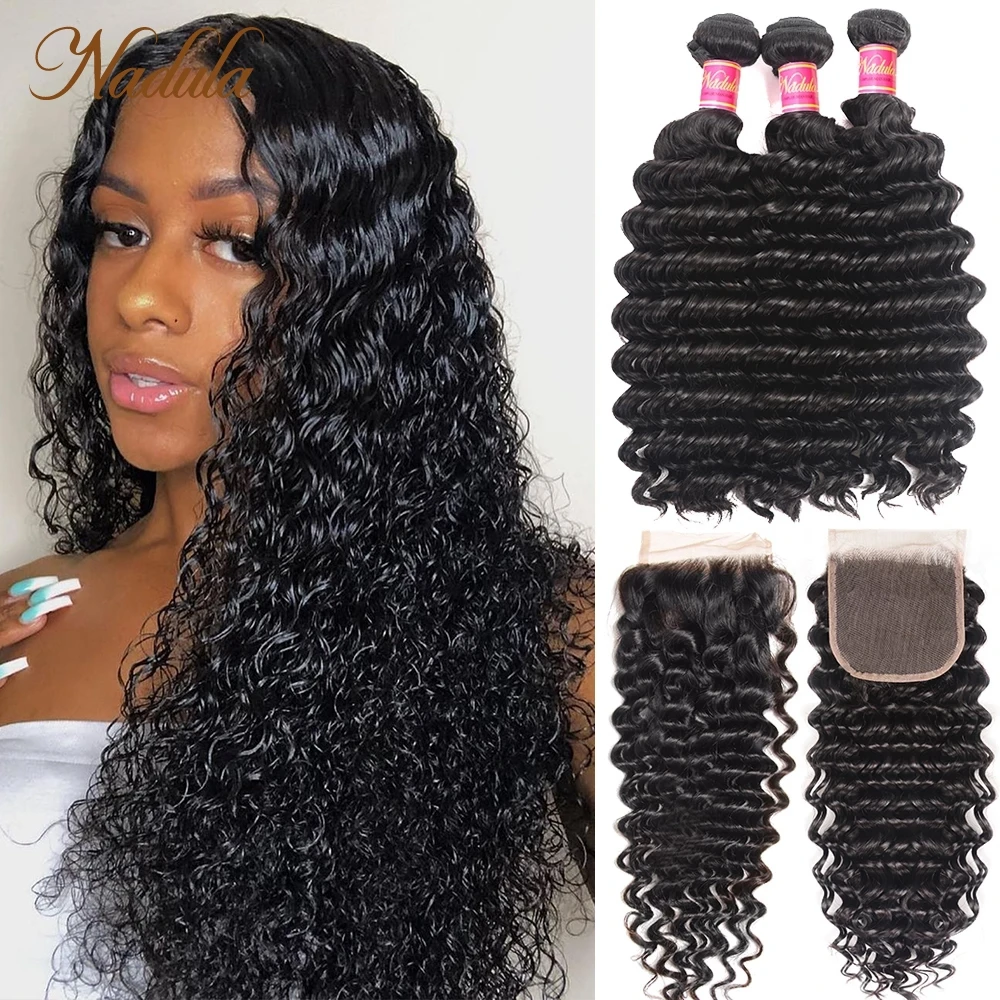 

Nadula Deep Wave Bundles with Closure 4x4 Lace Closure Pre plucked With Baby Hair 12-26inch Human Hair Bundles with Closur