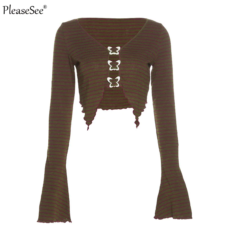 Женский винтажный кардиган в полоску короткий топ с расклешенными рукавами