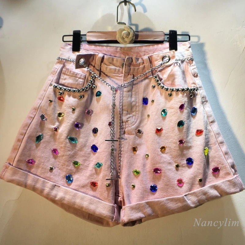 

2022 Summer New Exquisite Rhinestone High Waist Slimming and Wide Leg Denim Shorts Women's Hot Pants Gradient Color
