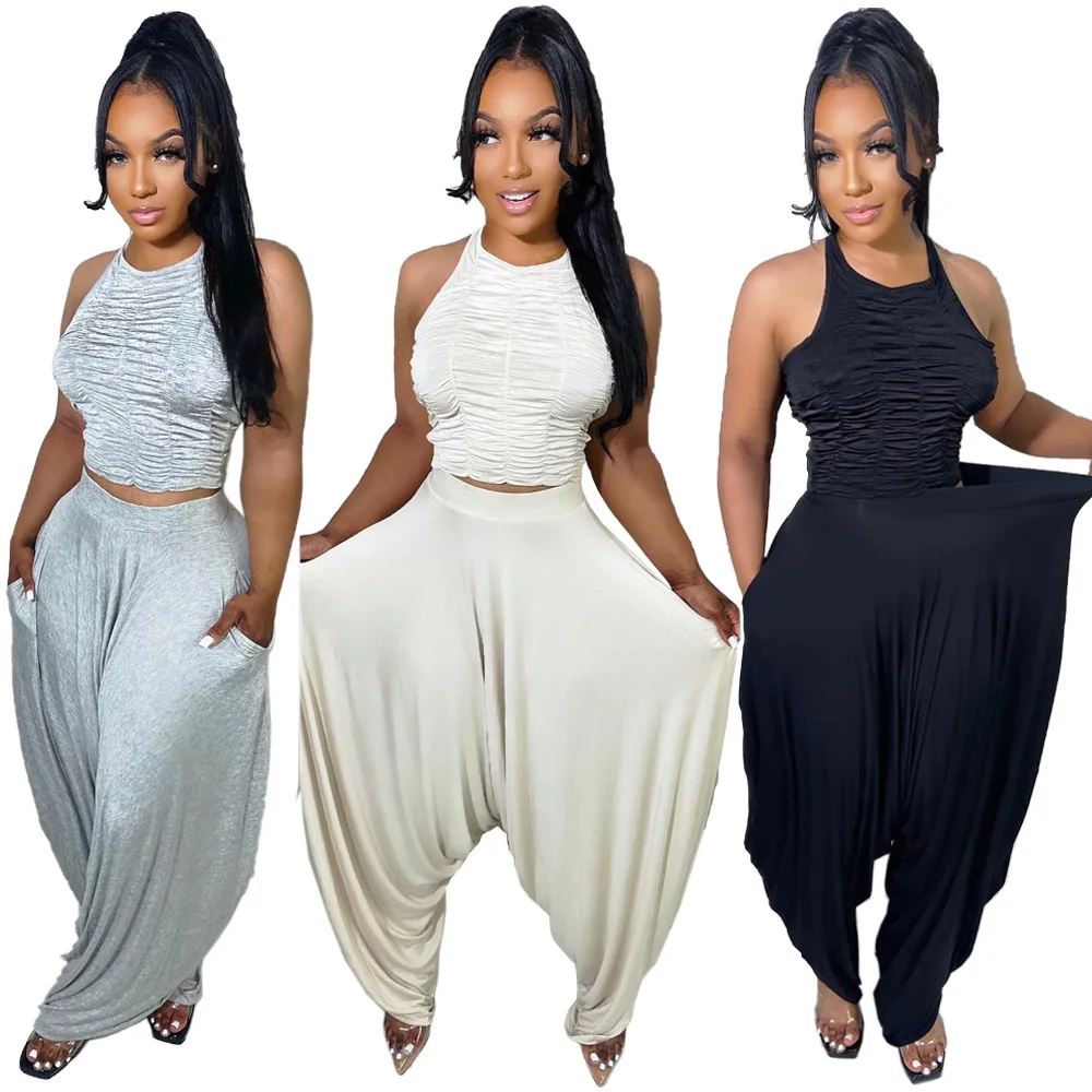 

New Arrivals 2022 Summer 2 Piece Sets Women Clothing Wholesale Casual Fashion Solid Color Pleated Tops Loose Pants Two Piece Set