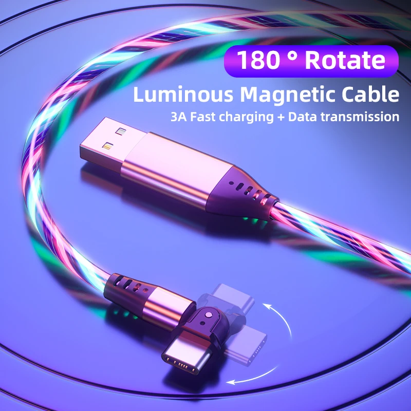 

180 Degree USB Type C Cable Cable Magnetic Flow Luminous Charging Mobile Phone Cable 3A Fast Charge Wire USB C Cable for Iphone