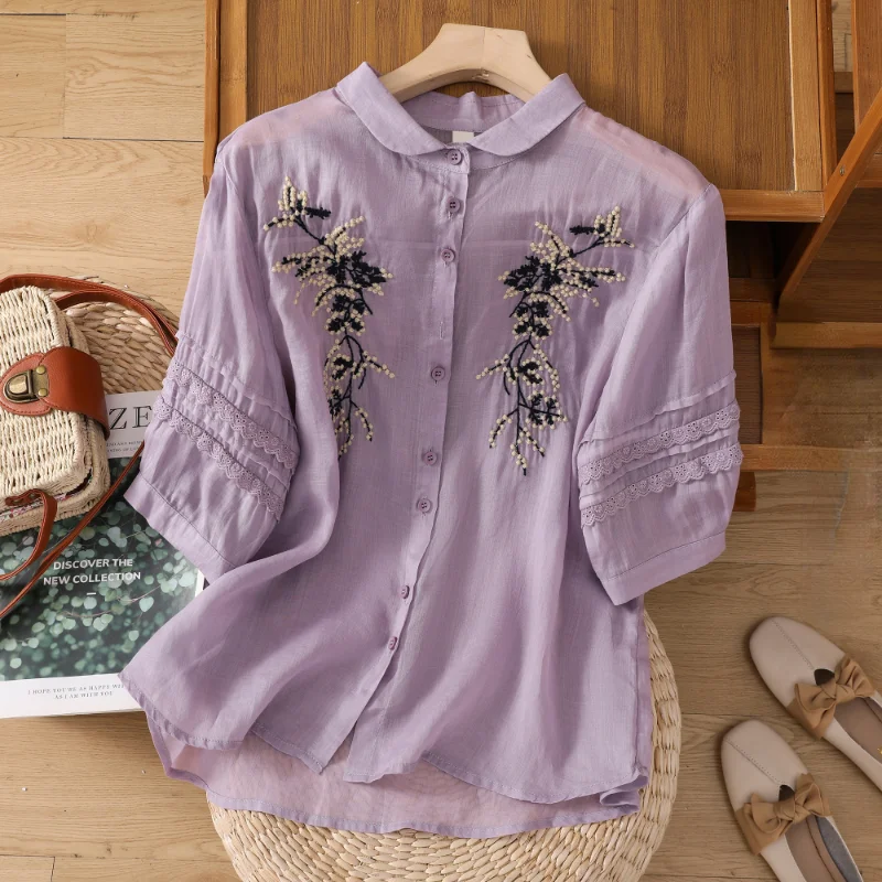 

Cotton Linen Shirt for Women Summer 2023 New In Embroidery Floral Blouses Casual Loose Fashion Short Sleeve Top Turn-down Collar