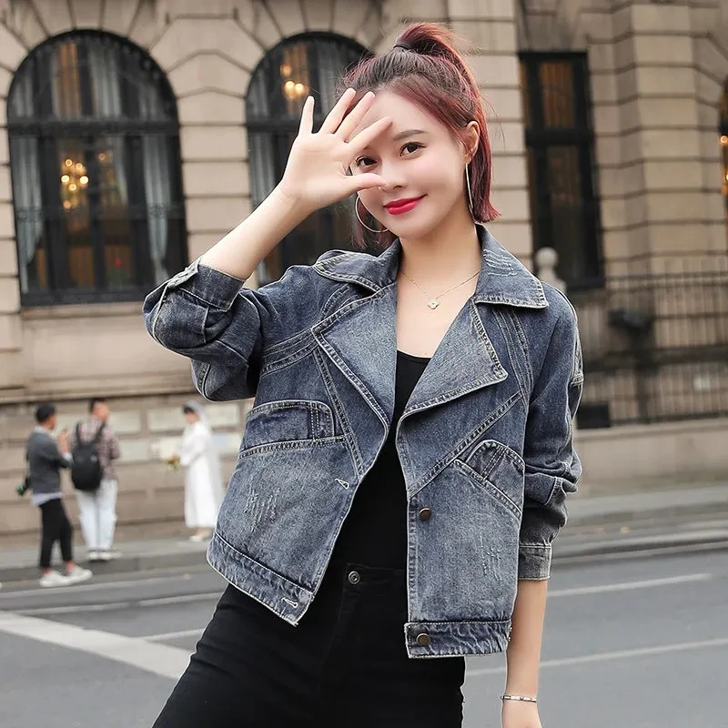 

Женская джинсовая куртка с воротником-костюмом, короткая весенне-осенняя свободная универсальная повседневная куртка в Корейском стиле, в...